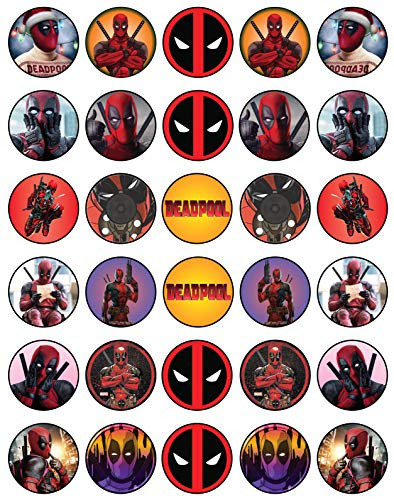 30 x Edible Cupcake Toppers Themed of Deadpool Collection of Edible Cake Decorations  Uncut Edible on Wafer Sheet