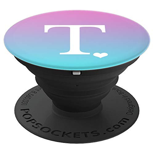 Initial Letter T Heart Gradient Purple Teal Blue Monogram PopSockets Grip and Stand for Phones and Tablets
