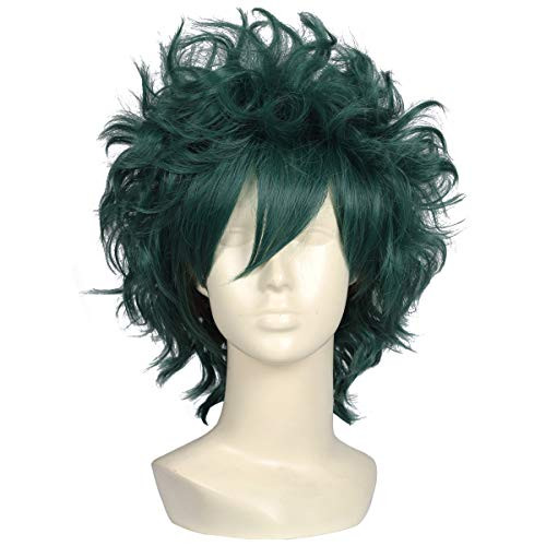 FantaLook All Dark Green Short Curly Prestyled Natural Heat Resistant Cosplay Wig