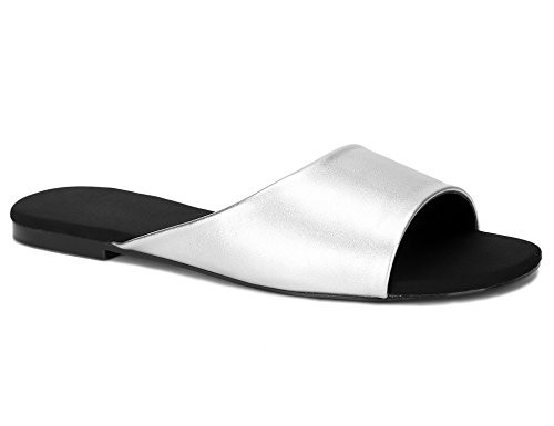 MaxMuxun Women Shoes Comfort Slip On Slides Classic Flat Sandals Silver 39 EU/8 US