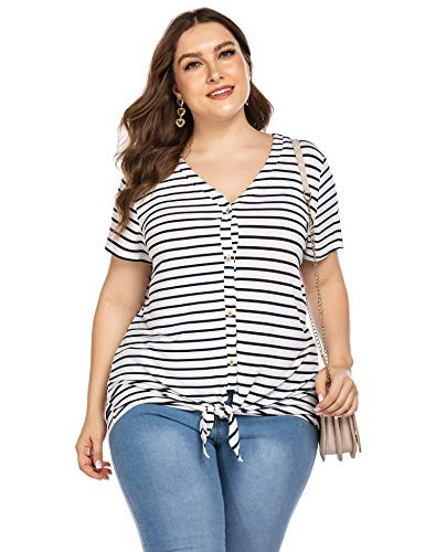 IN VOLAND Women Top Plus Size Tie Knot Tops Striped Button Down Shirts V Neck Short Sleeve Blouse Summer Tees Wine Red