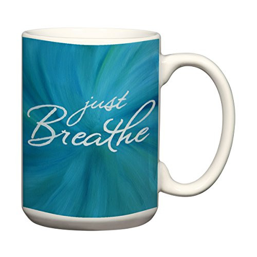 Just Breathe Mug 15oz Teal Coffee Mug with Quote Gift for Yoga Lovers Coworker Gifts Inspirational Quote Mugs