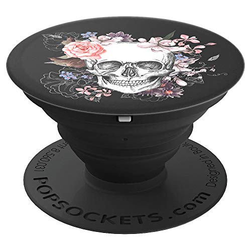 Death Petal  Skull and flowers illustration on black PopSockets Grip and Stand for Phones and Tablets