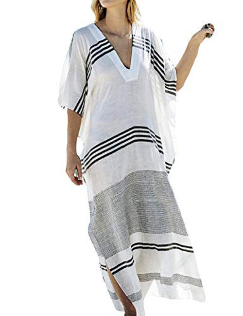 Eddoyee Striped Plus Size Kaftan Swimsuit Cover Ups for Swimwear Women Short Sleeve Beach Maxi Caftan Dress