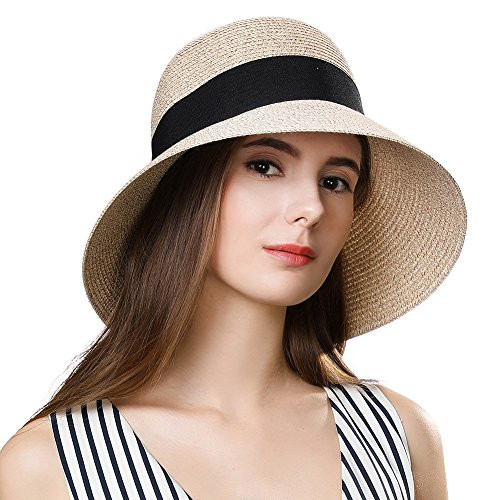 Jeff  Aimy Womens Packable Floppy Straw Beach Sun Hat Floppy with UV Protection Wide Brim Neck Cord Foldable Panama Fedora Travel Sunhat UPF 50 Beige Mix 5455CM