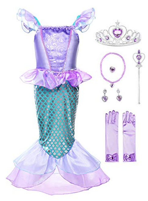 JerrisApparel Girls Princess Mermaid Costume Cosplay Party Dress 4T Purple with Accessories