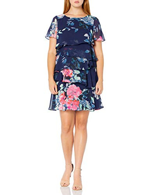 Jessica Howard Women s Size Butterfly Sleeve Asymmetrical Lasercut Dress Navy/Multi 16 Plus