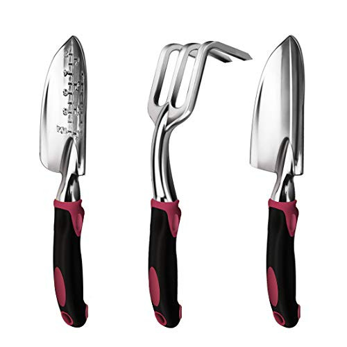 ESOW Garden Tool Set, 3 Piece Cast-Aluminum Heavy Duty Gardening Kit Includes Hand Trowel, Transplant Trowel and Cultivator Hand Rake with Soft Rubberized Non-Slip Ergonomic Handle, Garden Gifts ESOW Garden Tool Set, 3 Piece Cast-Aluminum Heavy Duty Gardening Kit Includes Hand Trowel, Transplant Trowel and Cultivator Hand Rake with Soft Rubberized Non-Slip Ergonomic Handle, Garden Gifts