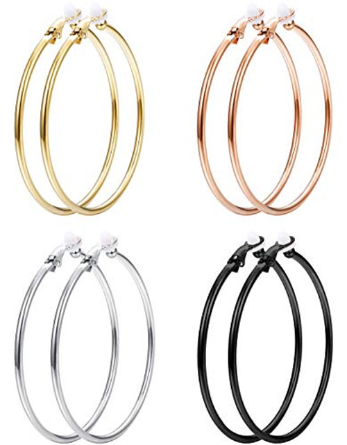 JOERICA 60MM Clip On Hoop Earrings for Women Silver Tone Gold Tone Rose Gold Tone Black Unpierced Hoop Earrings Nonpierced