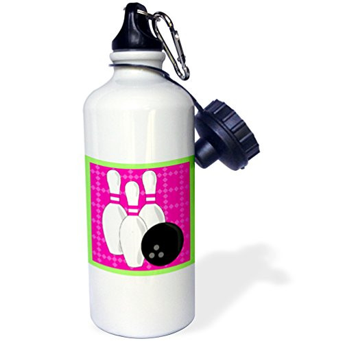 3dRose wb_43151_1 "Pink and Green-Bowling Pins and Ball" Sports Water Bottle, 21 oz, White