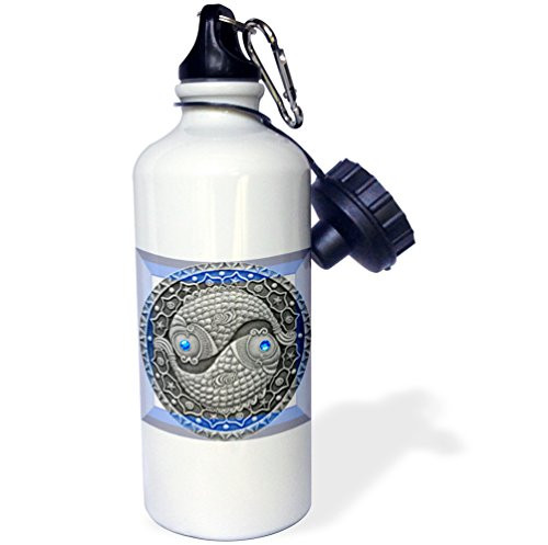 3dRose wb_66281_1 "Zodiac Series Pisces Metal Look Art" Sports Water Bottle, 21 oz, White