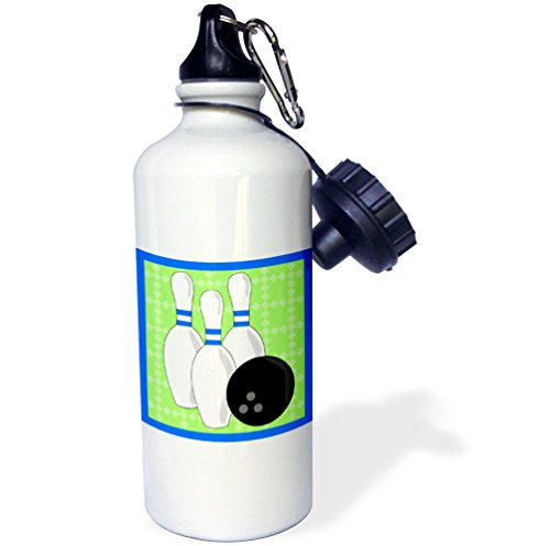 3dRose wb_43150_1 "Green and Blue Bowling Pins and Ball" Sports Water Bottle, 21 oz, White