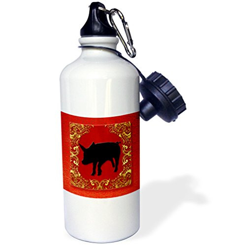 3dRose wb_101852_1"Chinese Zodiac Year of the Pig Chinese New Year Red, Gold and Black" Sports Water Bottle, 21 oz, White