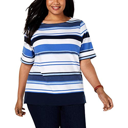 Karen Scott Womens Plus Striped Boatneck Top Blue 0X
