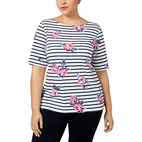 Karen Scott Womens Plus Striped Cuff Sleeve TShirt White 0X