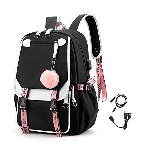 KEBEIXUAN Girl Backpack has USB and Audio Cable Interface Suitable as Student School Bag Laptop Backpack Leisure Backpack Black