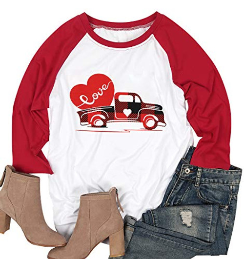 KIDDAD Buffalo Plaid Truck Shirts Women Heart Graphic Tops Valentine s Day Tees Splicing Baseball Shirts Red