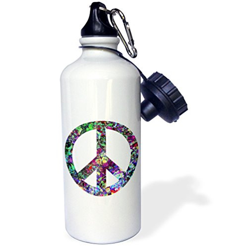 3dRose wb_53329_1 Colorful Peace Sign-Enjoy This Digital Artwork Featuring a Colorful Peace Sign Sports Water Bottle, 21 oz, White