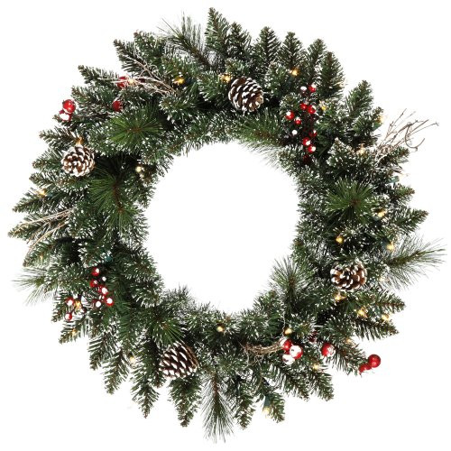 Vickerman Pre-Lit Snow-Tipped Pine/Berry Wreath with 35 Clear Mini Lights, 24-Inch, Frosted