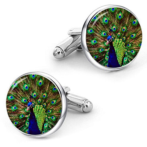 Kooer Peacock Cuff Links Personalized Wedding Cuff Links Peafowl Jewelry Gift for Men Silver Plated Cufflinks