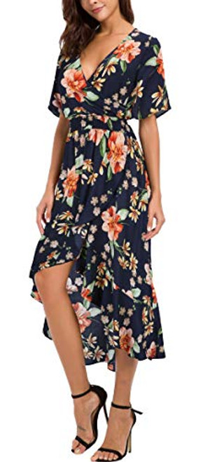 Kormei Women Short Sleeve V Neck Floral High Low Flowy Summer Party Long Maxi Dress XL BlueOrange