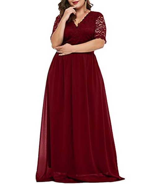 LALAGEN Women Plus Size Chiffon Lace Formal Prom Gown Evening Party Maxi Dress Red XXL