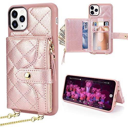 iPhone 11 Pro Wallet Case LAMEEKU iPhone 11 Pro Card Holder Case Crossbody Purse Case Quilted Leather Handbag Case for Lady Absorbing Bumper Case for iPhone 11 Pro 5 8 InchRose Gold