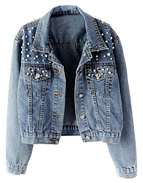 LifeShe Women s Embroidered Rivet Pearl Denim Jacket Coat Blue Large