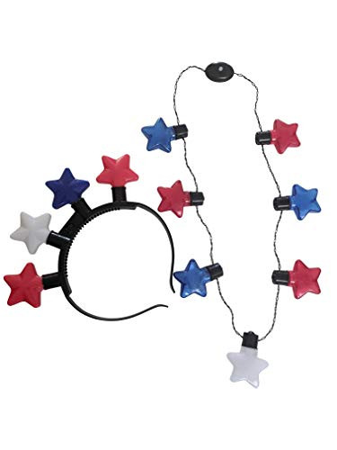 Light Up LED July 4th Stars Flashing Headband and Necklace Set