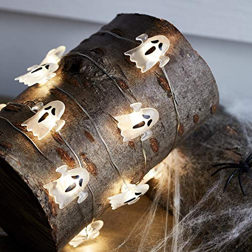 Lights4fun Inc  20 Halloween Ghost Indoor Battery Operated Micro LED Silver Wire String Lights
