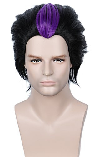 Linfairy Short Straight Wig Halloween Cosplay Slicked Back Costume Black Wig with Purple