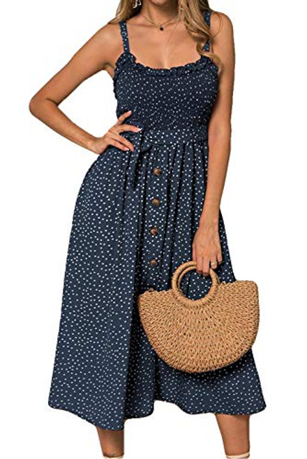 LOMON Women s Dresses Summer Beach Boho Ruffle Sleeveless Sundress Adjustable Straps Backless Swing Midi Dress