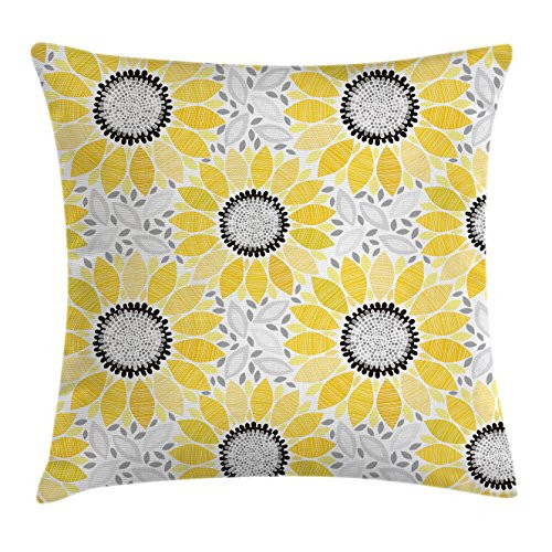 Yellow Decor Throw Pillow Cushion Cover by Ambesonne, Colorful Image of Sun Flower with Chic Motifs and Patterns Summer Nature Art, Decorative Square Accent Pillow Case, 16 X 16 Inches, Yellow Gray