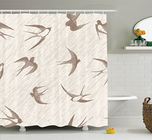 Ambesonne Flying Birds Decor Shower Curtain Set, Flying Bird Swallow Vintage Design Illustration Springtime Wildlife Classic Art, Bathroom Accessories, 69W X 70L Inches, Beige Brown