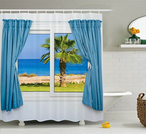 Ambesonne House Decor Shower Curtain Set, Blue Curtains White Walls Sunny Day Shore Palm Tree ?sland View Horizon Rest, Bathroom Accessories, 69W X 70L Inches