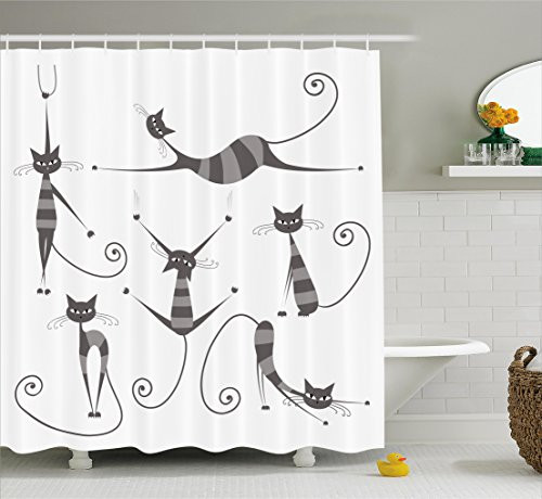 Ambesonne Cat Shower Curtain, Furry Skinny Striped Cats in Several Funny Body Postures Whiskers Feline Paws Art Image, Fabric Bathroom Decor Set with Hooks, 70 Inches, Dimgray
