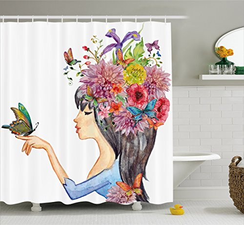 Ambesonne Floral Decor Shower Curtain, Colorful Spring Flowers Leaves with a Long Haired Woman Butterfly Art Image, Fabric Bathroom Decor Set with Hooks, 70 Inches, Multicolor