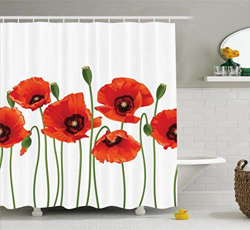 Ambesonne Floral Shower Curtain, Poppies of Spring Season Pastoral Flowers Botany Bouquet Field Nature Theme Art, Fabric Bathroom Decor Set with Hooks, 70 Inches, Orange Green