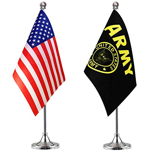 LoveVC US Army Gold Crest Desk Flag Small Mini USA Military Office Desk Table Flags with Stand Base2 Pack