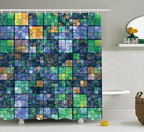 Ambesonne Modern Shower Curtain, Mosaic Geometric Design with Rainbow Colors Patchwork like Design Artwork, Fabric Bathroom Decor Set with Hooks, 70 Inches, Blue Yellow and Green