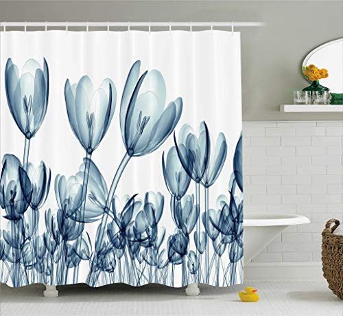 Ambesonne Transparent Shower Curtain Xray Flower Decor, Bunch of Different Size Flowers with X-Rays Complex Structures of Mother Nature Art, Polyester Fabric Bathroom Set with Hooks, Teal White