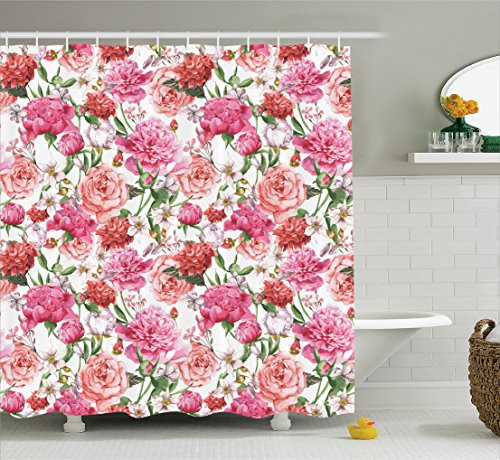 Ambesonne Watercolor Flower Decor Shower Curtain Set, Victorian Style Floral Pattern Painting Style Print with Peonies and Roses, Bathroom Accessories, 69W X 70L Inches, Pink and White Ambesonne Watercolor Flower Decor Shower Curtain Set, Victorian Style Floral Pattern Painting Style Print with Peonies and Roses, Bathroom Accessories, 69W X 70L Inches, Pink and White