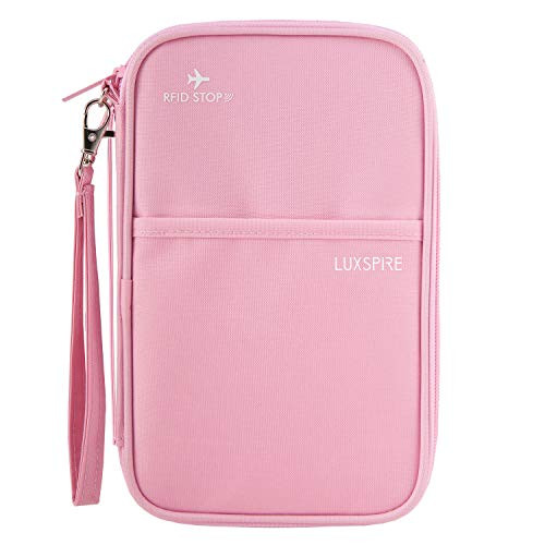 Luxspire Passport Wallet RFID Travel Wallet Family Passport Holder with Hand Strap and Removable Wristlet RFID Blocking Credit Card Wallet for Passports Cash Cards Tickets Documents  Pink
