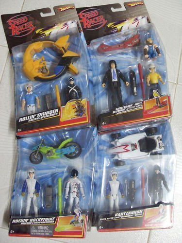 Hot Wheels Speed Racer Action Figure 2 Packs. The Four Included Speed Racer Two Packs are Rollin Thunder, Battle Board, Rockin Rocketbike, Kart Cannon. Includes Speed Racer (3), Pops, Spridle, Chim Chim, Racer X, Taejo, Jack Cannonball Taylor.