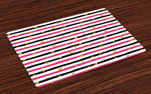 Lunarable Valentines Day Place Mats Set of 4, Romantic Teenager Love Sign Hearts on Grunge Stripes Lines, Washable Fabric Placemats for Dining Room Kitchen Table Decoration, Hot Pink Black and White