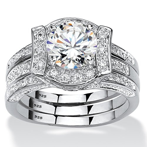 Platinum over Sterling Silver Round Cubic Zirconia Jacket Bridal Ring Set Size 5