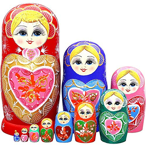 Moonmo 10pcs Beautiful Handmade Wooden Russia Nesting Dolls Gift Russian Nesting Wishing Dolls Heart Matryoshka Traditional.