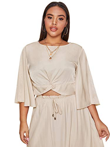 MakeMeChic Women s Plus Size Twist Front Flounce Sleeve Crop Top Blouse Shirts Beige 0XL