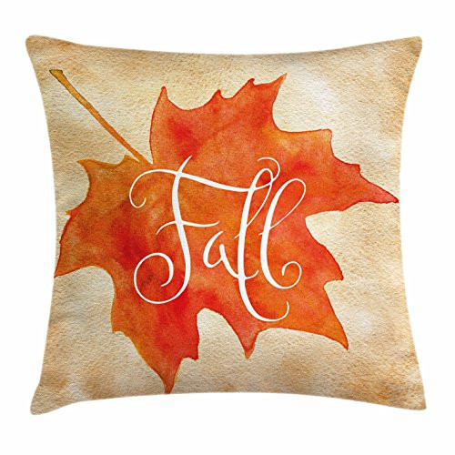 Ambesonne Fall Throw Pillow Cushion Cover Vivid Watercolor Style Maple Leaf Fall Word on Vintage Backdrop Decorative Square Accent Pillow Case 24  X 24  Brown Orange