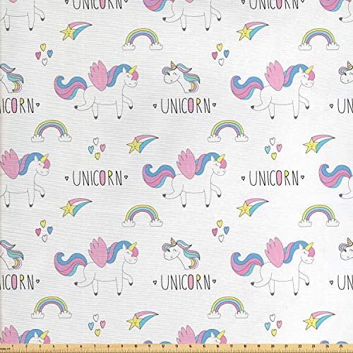 Ambesonne Nursery Fabric by The Yard Repetitive Pattern Unicorn Party Rainbow Hearts and Stars on Plain Backdrop Decorative Fabric for Upholstery and Home Accents 1 Yard White Pink